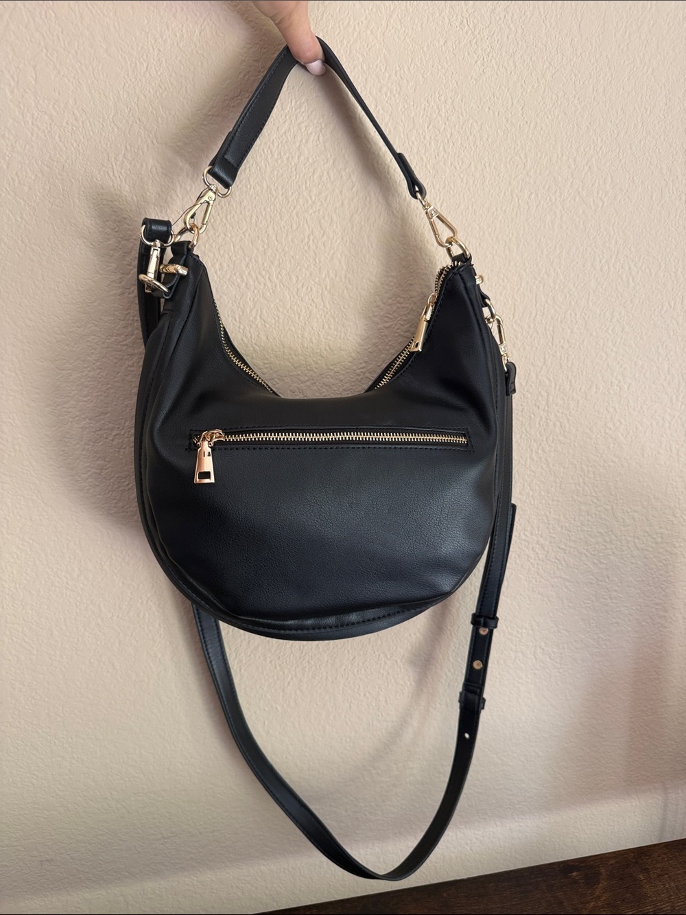 INC Black Crescent Expandable Hobo Bag with Gold Tone Hardware